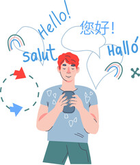 Online translator, vocabulary or mobile app for language learning concept. Man holding phone and using online language school educational platform.