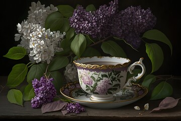 Obraz na płótnie Canvas Spring composition with lilac and tea cup, AI generated