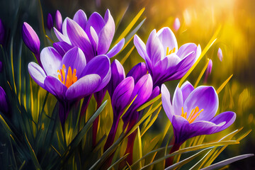 Spring Flowers - Crocus Blossoms On Grass With Sunlight. Generative Ai
