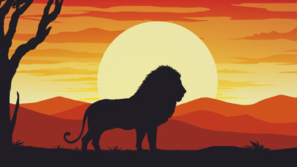 a lion standing in the middle of a sunset with mountain rage