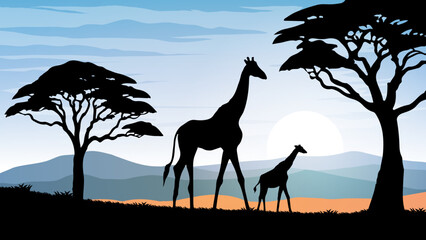 a couple of giraffes standing in a field near trees and hills with a sky background and a sun,