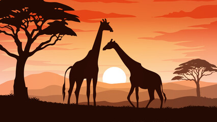 a couple of giraffes at sunset or dawn 