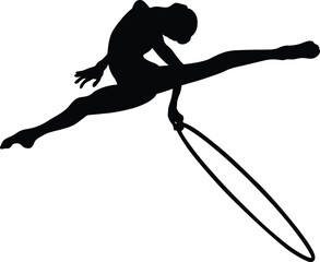 female gymnast split leap with hoop in rhythmic gymnastics side view, black silhouette on white background, vector illustration
