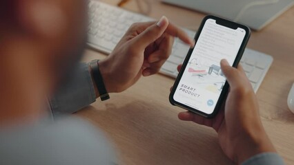 Closeup, hands and man with smartphone, online reading and business growth with planning, strategy and course. Zoom, male employee or entrepreneur with cellphone, elearning or search for information