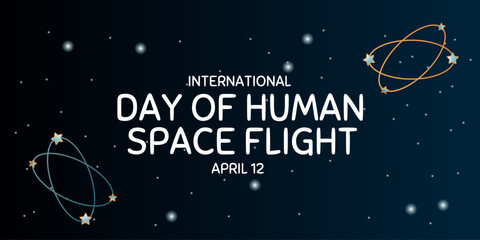 International day human space flight. 12 April Cosmonautics Day banner with rocket. Horizontal web banner.