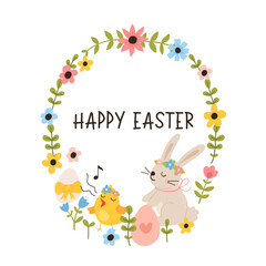Fototapeta na wymiar Vector color hand-drawn children cute easter poster with bunny, chick and easter eggs, flowers in scandinavian style on a white background. Easter set. Spring. Happy easter.
