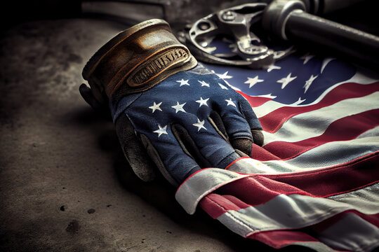 Worn work glove holding old wrench and US American flag. Generative Ai