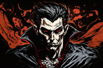 drawing of a sinister vampire with grim look and sticking out black hair, he wears a black cape with standing collar, red blood-like patterns in the background