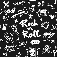 Rock n Roll seamless pattern. Black-white print for textiles, backgrounds, printing. Grunge style, hand lettered, vector illustration.