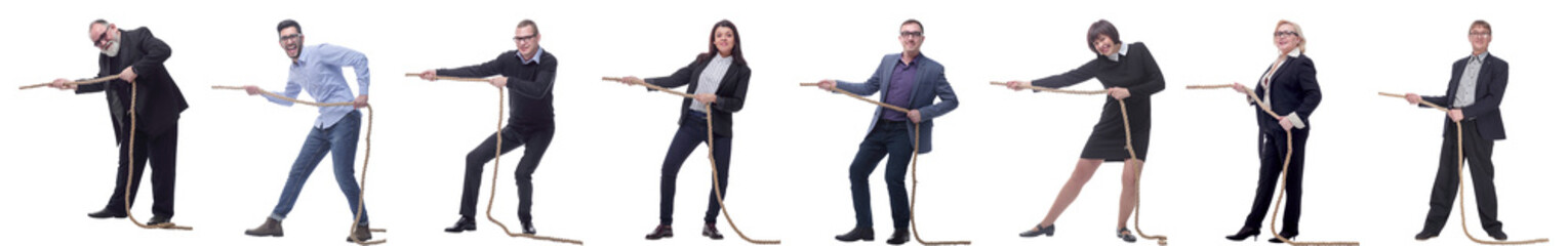 Business people pulling rope isolated on white