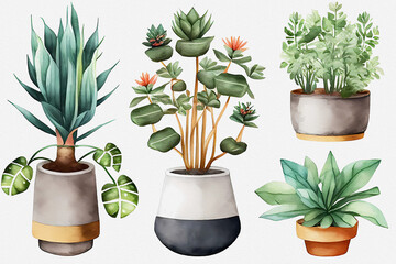 Watercolor plants in pots art collection. Generative ai design. - obrazy, fototapety, plakaty