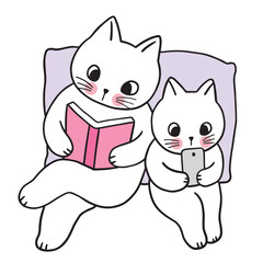 Cartoon cute character white cat redaing book and play smart phon vector.