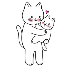 Cartoon cute character mom and baby cat hugging vector.