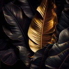 Black and gold colors tropic leaves composition. Generative AI.