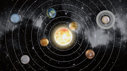 Solar system diagram with planets in orbit around the sun. 3D illustration © Destina