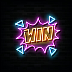 Neon sign win with brick wall background vector
