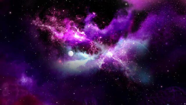 Colorful animation of flying through outer space, moving through galaxies and stars. Cosmos and universe concept.
