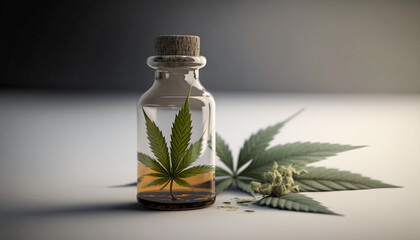 CBD Oil glass bottle with Marijuana leaves , Cannabis liquid, Generative AI Technology