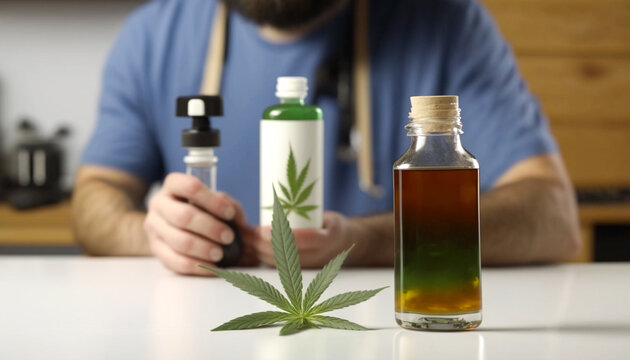 CBD Oil glass bottle with Marijuana leaves , Cannabis liquid, Generative AI Technology