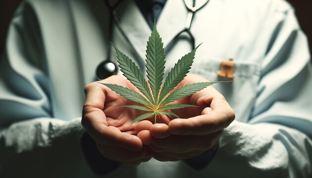 a man holding Marijuana leave , Cannabis , Generative AI Technology
