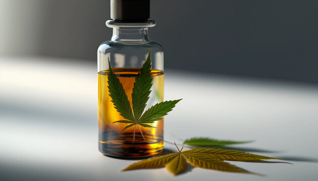 CBD Oil glass bottle with Marijuana leaves , Cannabis liquid, Generative AI Technology
