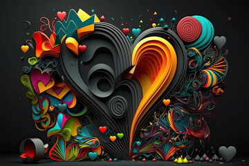 background picture, big heart surrounded by colorful abstract shapes