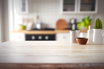 Fototapeta na wymiar Wooden table and blurred kitchen as background. Generative ai design.