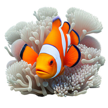 Clown fish and coral beautiful sea flowers, isolated on white background, image ai generate