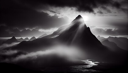 A misty mountain top, lofty, majestic, cloudy, misty, monochrome, Generative AI, illustration