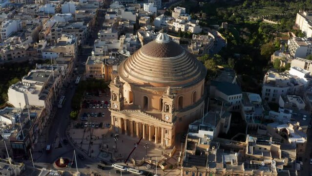 Roman Catholic Mosta Dome In Rotunda Square, Mosta, Malta. Aerial Shot