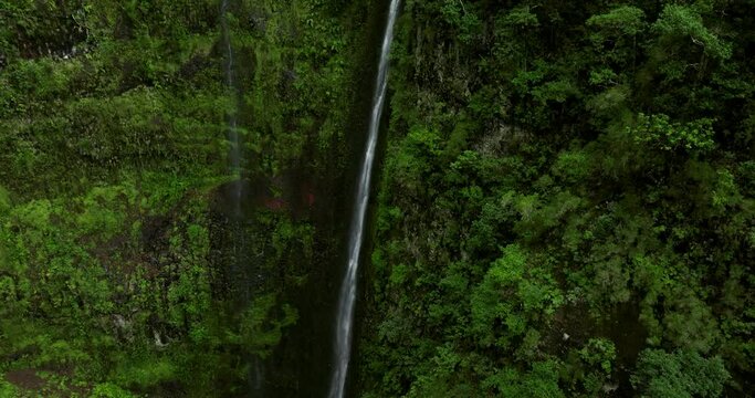Breathtaking View Of Levada do Caldeirão Verde Waterfall In Santana, Madeira Island, Portugal. Aerial Drone
