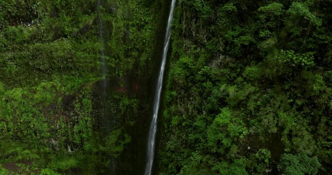 Breathtaking View Of Levada do Caldeir&atilde;o Verde Waterfall In Santana, Madeira Island, Portugal. Aerial Drone