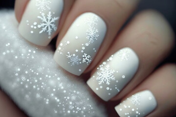 white fingernails with winter motifs, snowflake, ice crystal, manicure