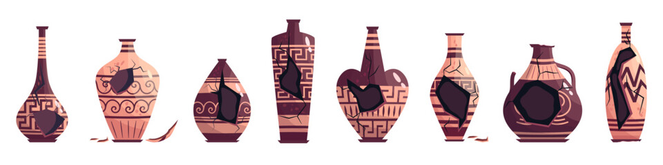 Greek broken vase set ancient jar isolated. Ceramic broken vase with greek symbol. Cartoon vector illustration. Pottery jar earthenware antique design.