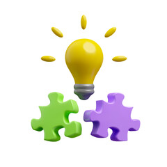 Vector 3d solving problem concept. Shining cartoon light bulb and jigsaw puzzle piece isolated on white background.