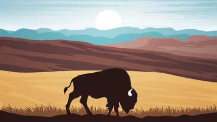 Foto op Plexiglas A bison grazing on a vast prairie with tall grass © DNC