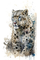 Fototapeta premium Illustration Snow leopard in watercolor. Animal on a white background, generative AI