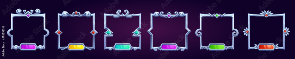 Poster square fantasy game user avatar border set for rpg game. silver medieval ui button frame in vector f
