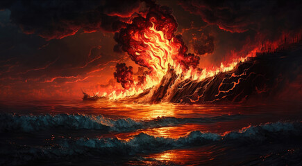 a city on the coast is in flames, the escape ship is also on fire