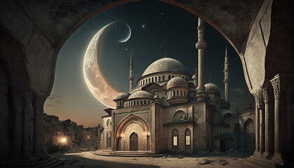 Ramadan's celebration background with Mosque and crescent moon at night, generative ai
