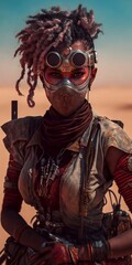 Obraz premium A Female Desert Nomad Warrior with Dreadlocks Wearing Goggles and a Dust Mask Generative AI