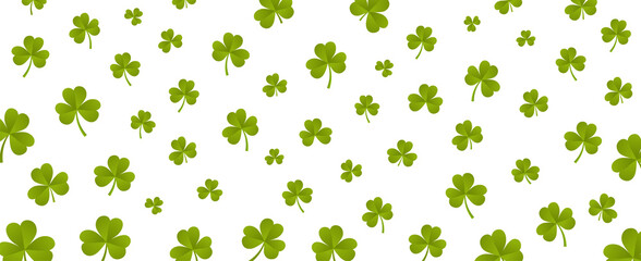 Fototapeta premium Happy St. Patricks Day Horizontal Transparent Background Banner. Isolated Website header wallpaper illustration. Realistic Shamrock leaves pattern. Irish culture Saint Patrick PNG Graphic resource