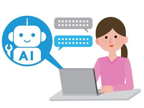 AI チャットボットとパソコンでチャットする女性 イラスト