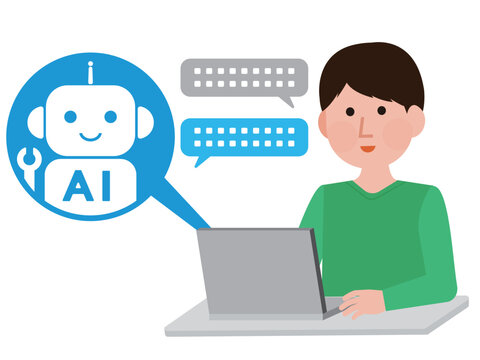 AI チャットボットとパソコンでチャットする男性 イラスト