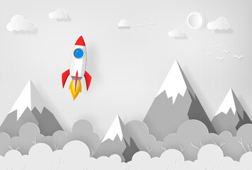 space rocket launch to the sky, mountains, trees and clouds on background. vector paper art or paper cut concept