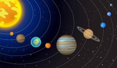 Our solar system, light starts, asteroid belt and universe on dark background. vector illustration