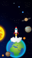 Naklejka premium space rocket launch from the earth to our solar system which light starts, asteroid belt and universe on dark background. vector illustration