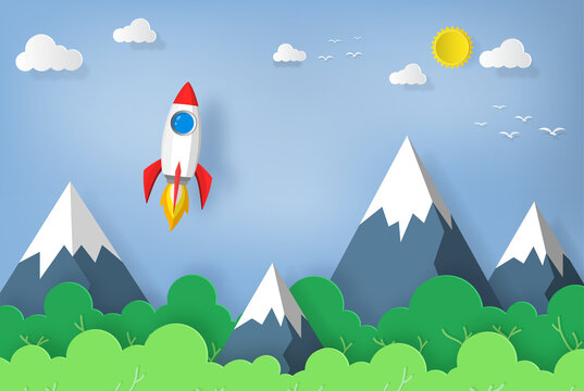 space rocket launch to the sky, mountains, trees and clouds on background. vector paper art or paper cut concept