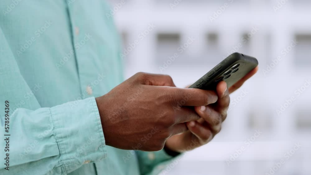 Poster phone, hands and black man typing outdoor for communication with 5g network connection in city. pers