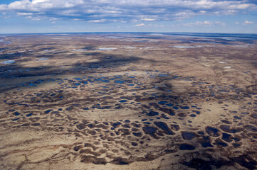 Aerial view of Timan tundra in Barents Sea coastal area
